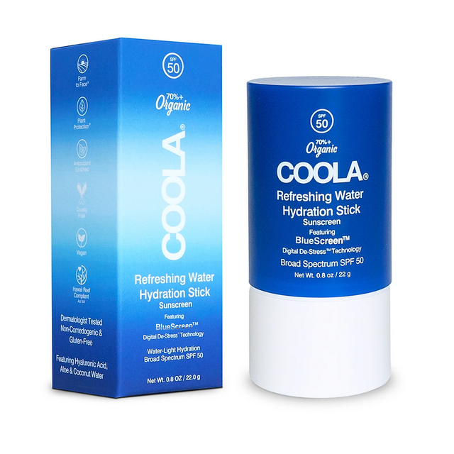 Refreshing Water Hydration Stick Organic Face Sunscreen SPF 50 with Aloe and Coconut Water in Blue Packaging.