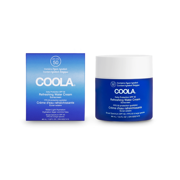 COOLA Full Spectrum 360º Refreshing Water Cream Organic SPF 50 with hydrating hyaluronic acid and coconut water bottle and box
