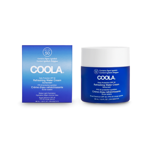 COOLA Full Spectrum 360º Refreshing Water Cream Organic SPF 50 with hydrating hyaluronic acid and coconut water bottle and box