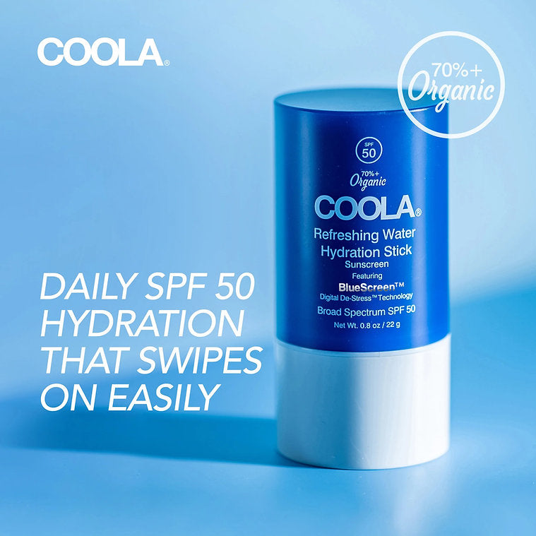 COOLA Refreshing Water Hydration Stick SPF 50 for easy daily sun protection and hydration with organic ingredients.