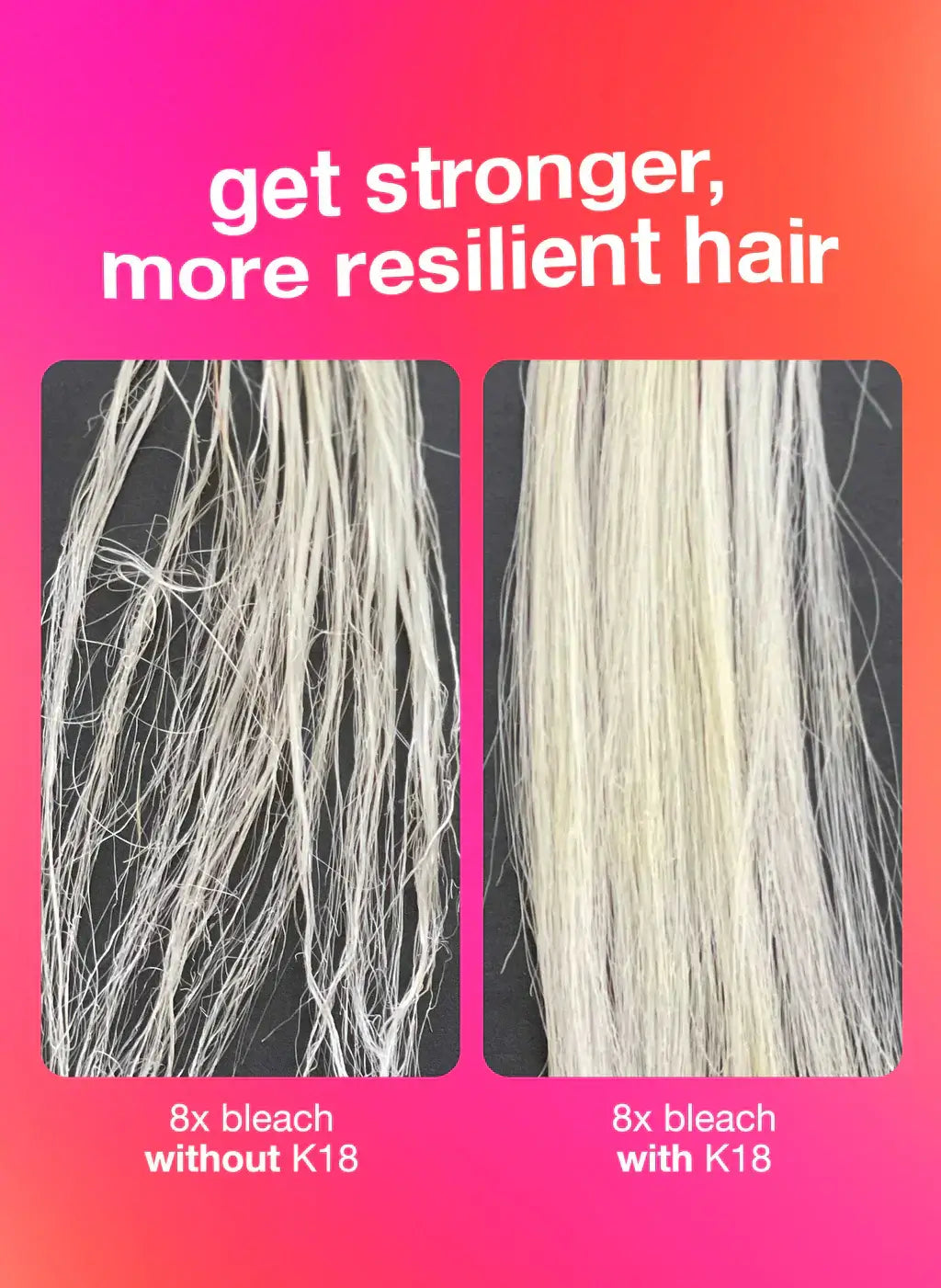 Before and after effects of K18 Molecular Repair Mask on bleached hair, showing improved strength and resilience.