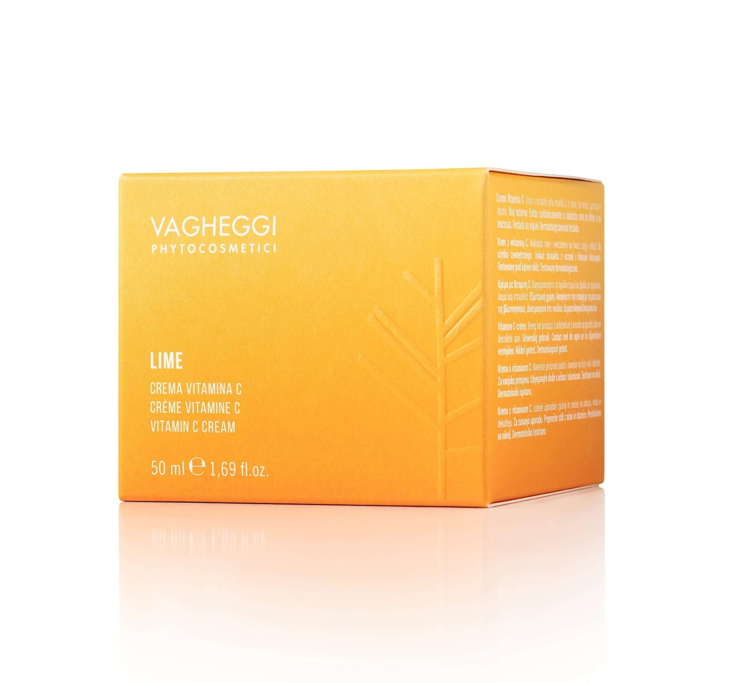 Orange box of Lime Vitamin C Cream by Vagheggi, enriched with vitamin C, orange juice, and lime butter for hydrated, radiant skin.