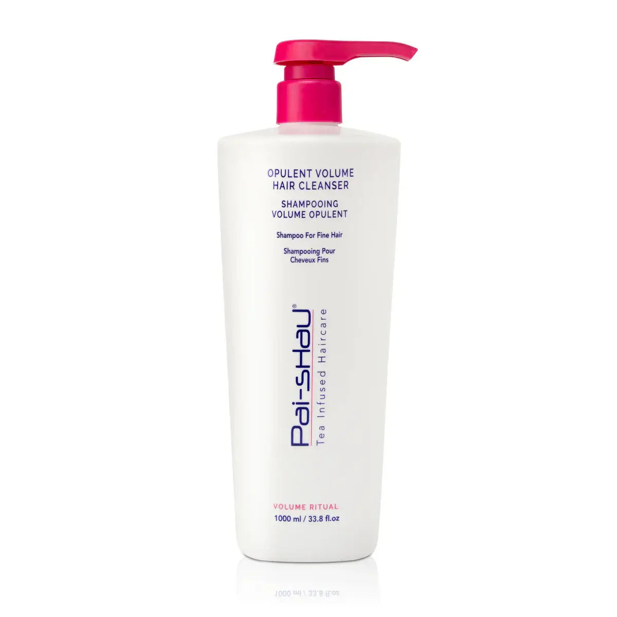Pai-Shau Opulent Volume Hair Cleanser bottle with pump, ideal for fine hair, featuring volumizing botanical and tea complex for healthy hair.