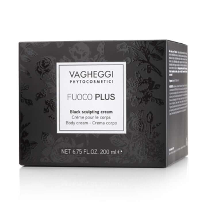 Fuoco Plus Black Sculpting Cream 200ml box with floral design, ideal for targeting buttocks, abdomen, and thighs with active ingredients.