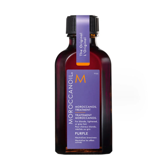 Moroccanoil Purple Oil Treatment bottle for blonde, highlighted, and gray hair, neutralizes brassy hues while adding shine.
