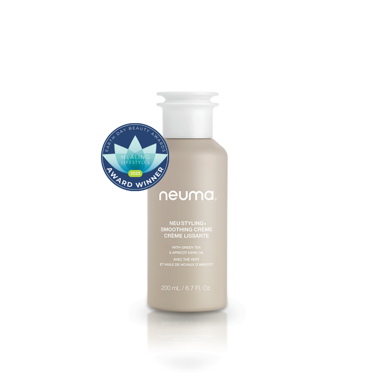 Neu Styling Smoothing Crème bottle with award seal, tames frizz, adds shine, lavender scent, 6.7 fl oz.