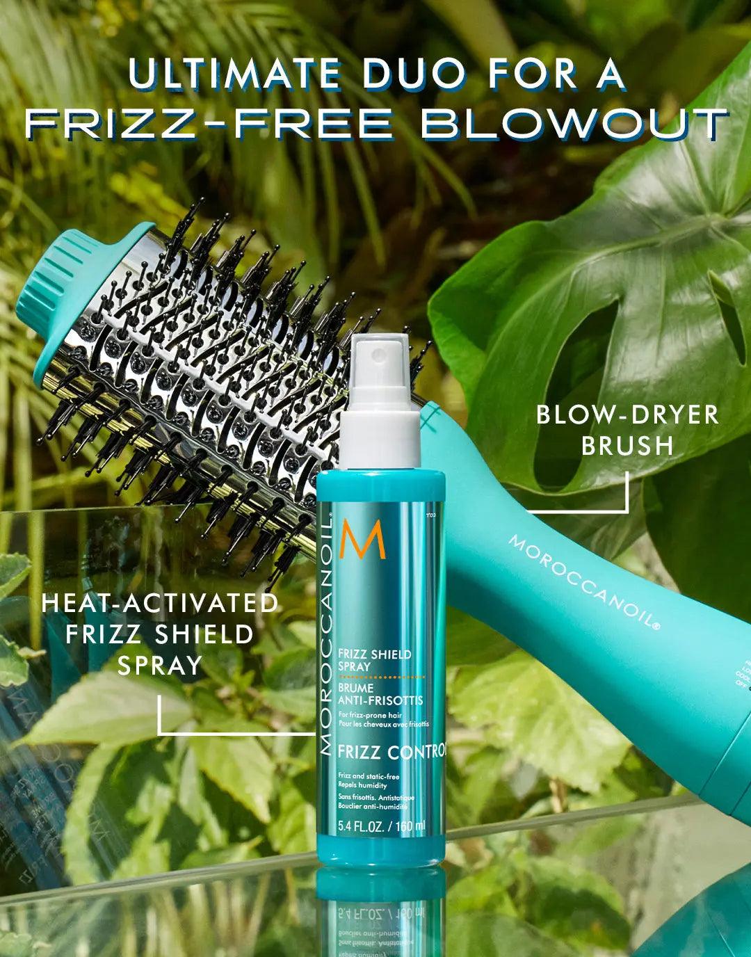 4-In-1 Blow-Dryer Brush and Frizz Shield Spray for a frizz-free blowout in a tropical setting.