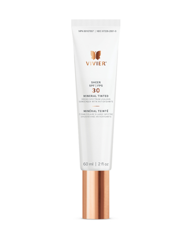 Vivier SHEER SPF 30 Mineral Tinted Sunscreen with ChromaTint technology, offering UVA/UVB protection and an even skin tone.