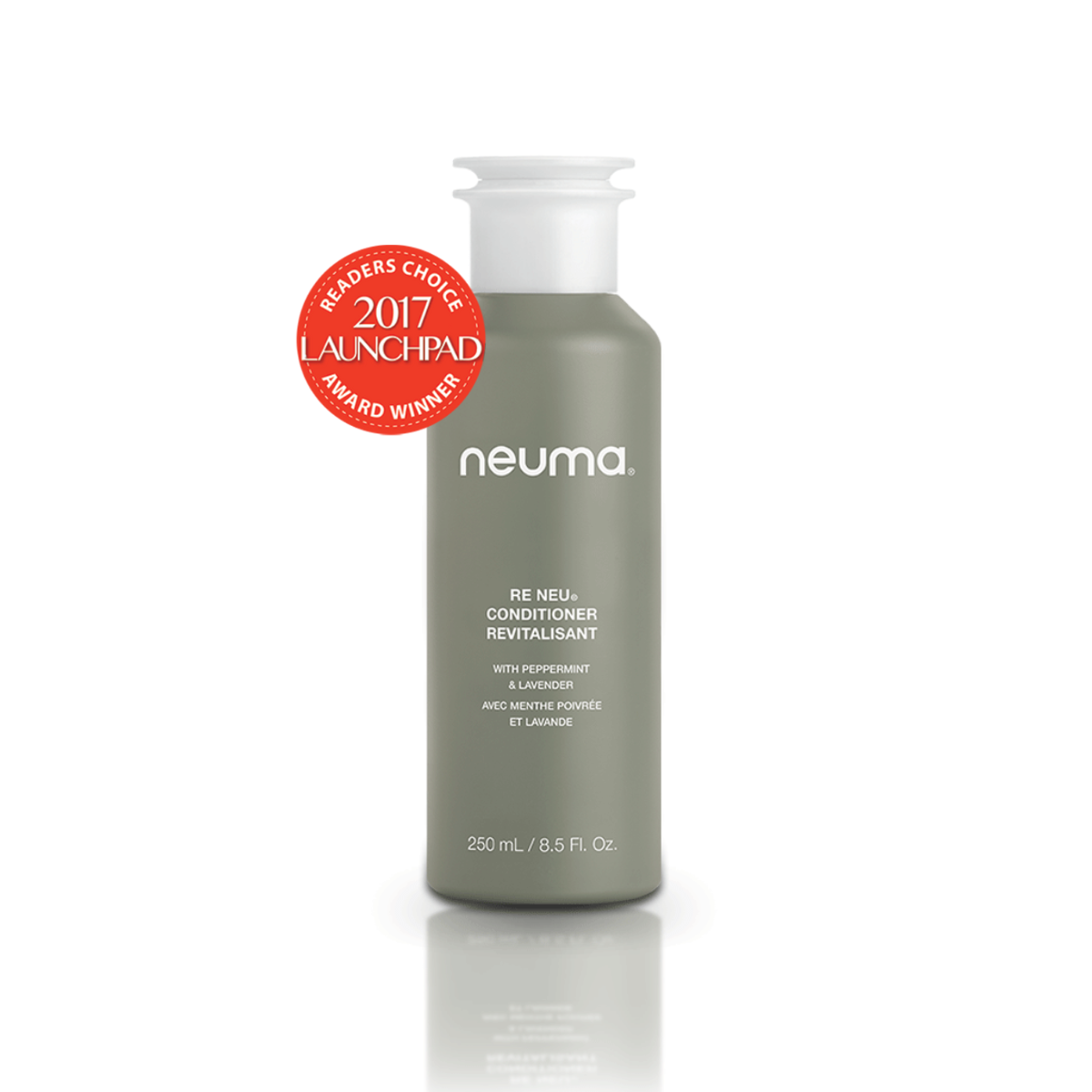 Re Neu Conditioner 250ml bottle, peppermint and vanilla scent, lightweight formula for detangling, nourishing, and promoting shiny hair.