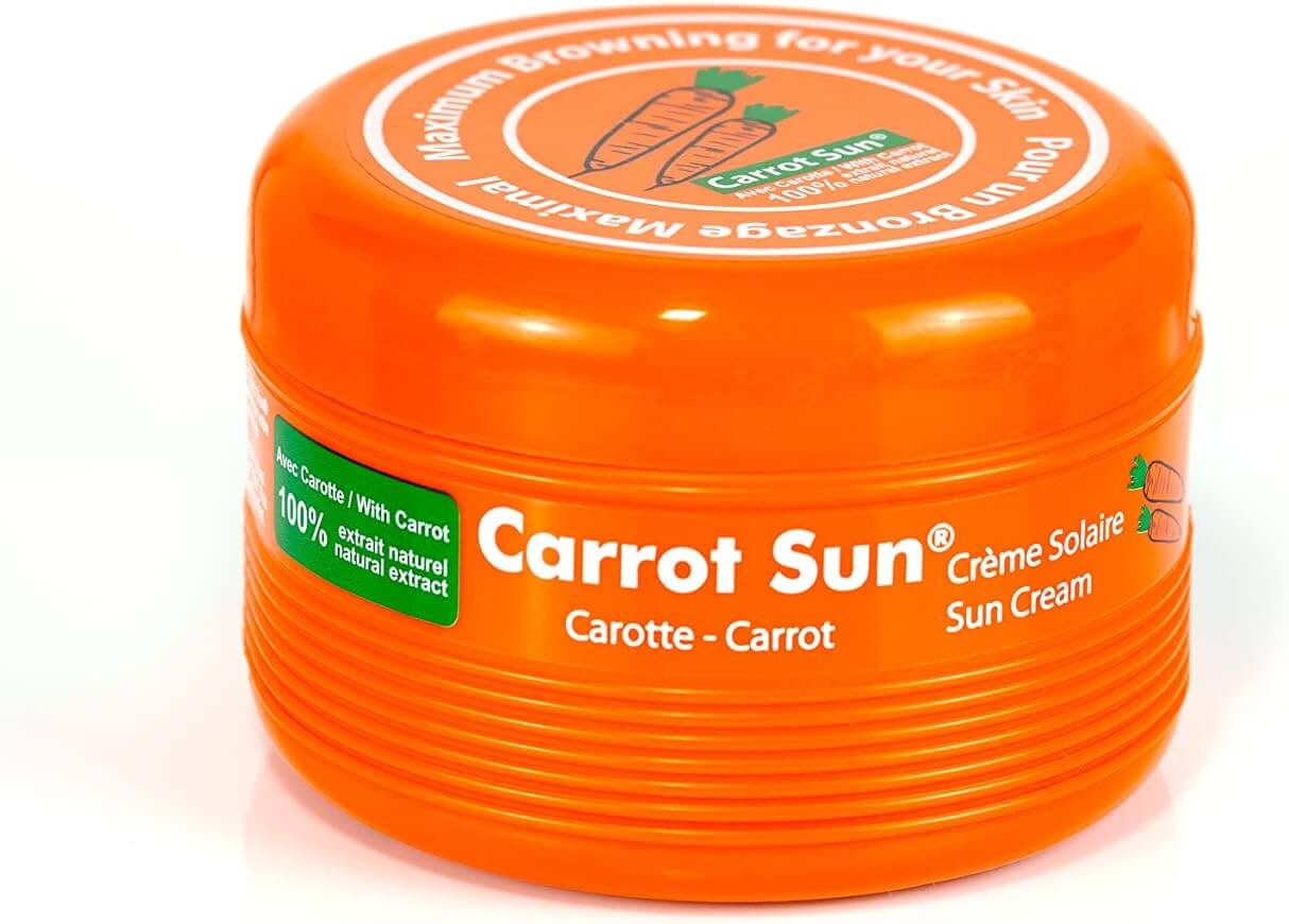 Carrot Sun tanning cream with natural tan-accelerating ingredients, L-Tyrosine and carrot oil, in an orange tub.