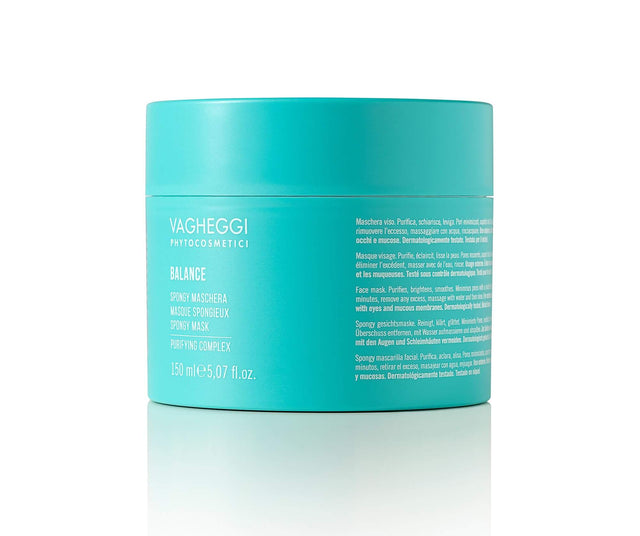 Balance Spongy Mask in turquoise jar for radiant skin cleansing, featuring kaolin, rice starch, and white willow extract.
