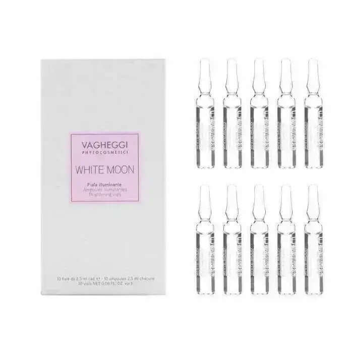 White Moon Brightening Vials for dull skin with plant-based ingredients, packaging box and ten glass vials displayed.