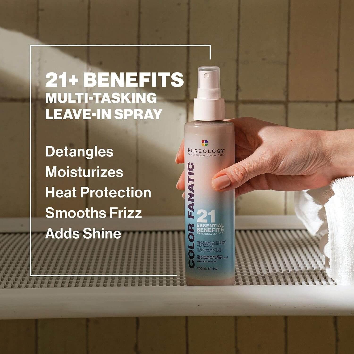 Pureology Colour Fanatic Leave-in Treatment Spray with 21 essential benefits for color-treated hair, includes heat protection and shine.