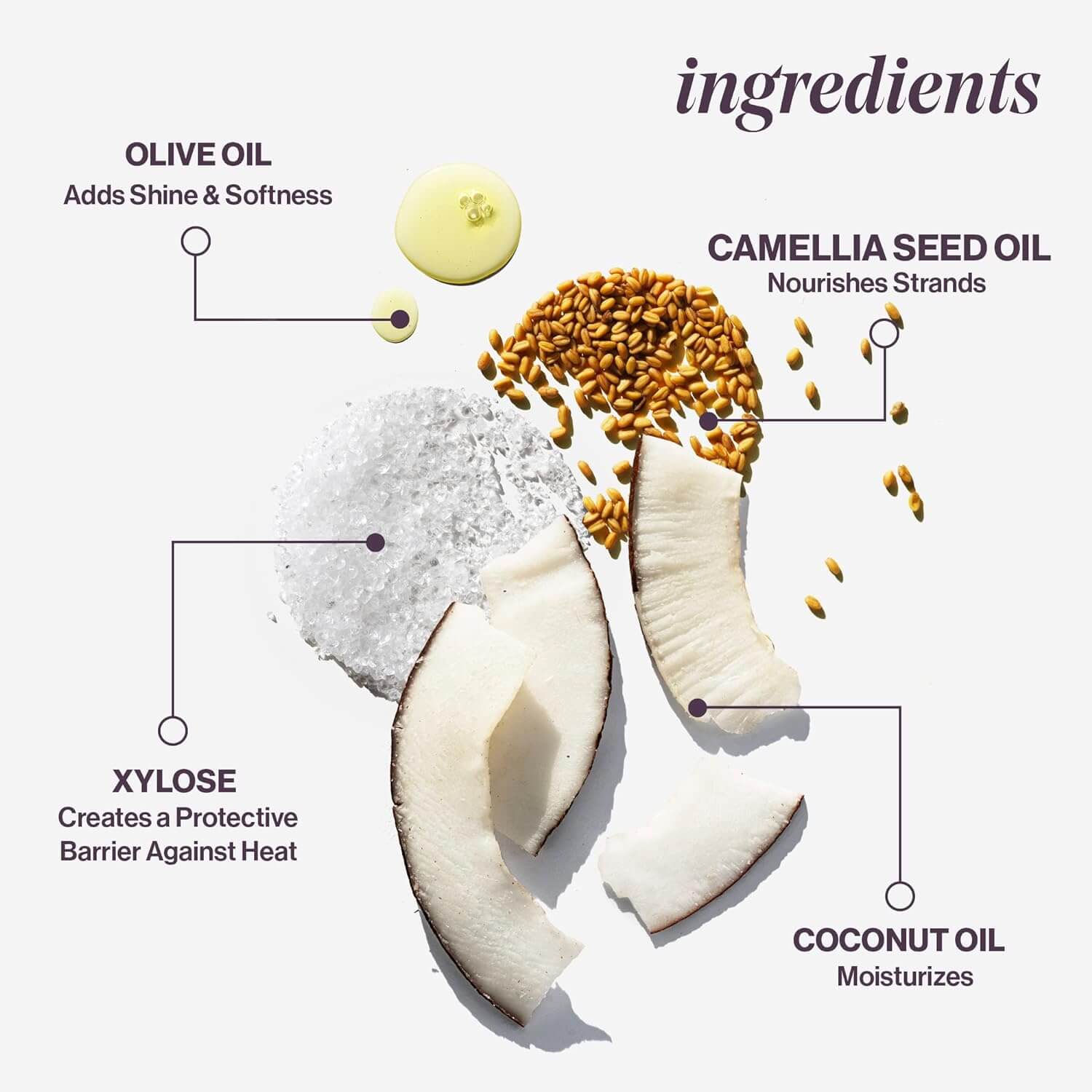 Ingredients of hair treatment spray: olive oil, camellia seed oil, xylose, coconut oil.