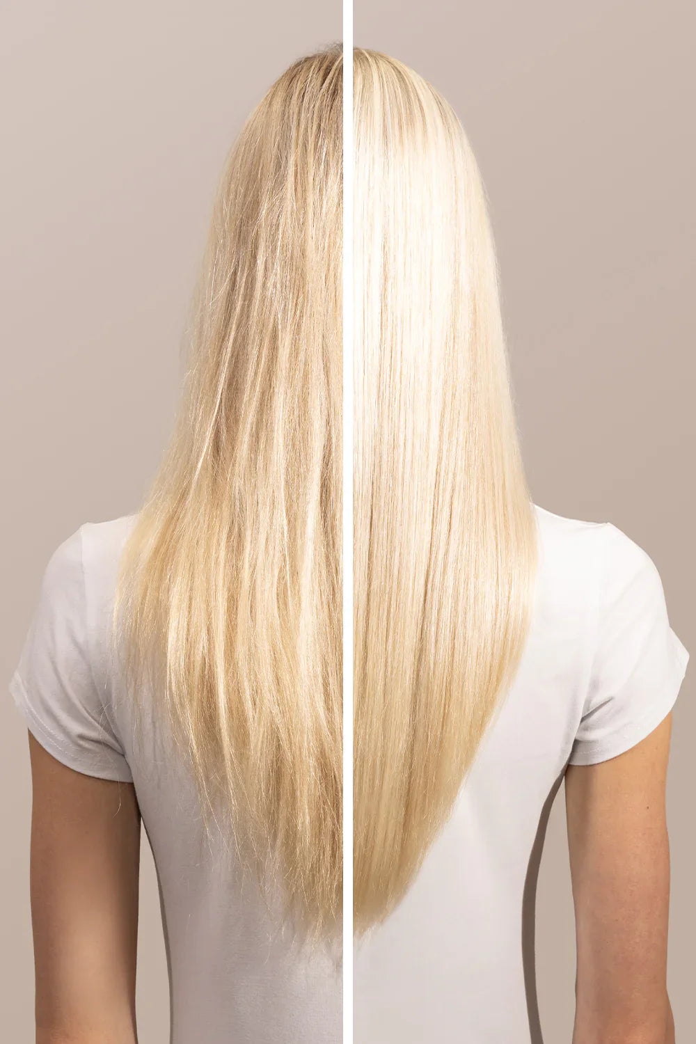 Before and after image of blonde hair using Instant Bonding Glow serum for enhanced shine and strength.