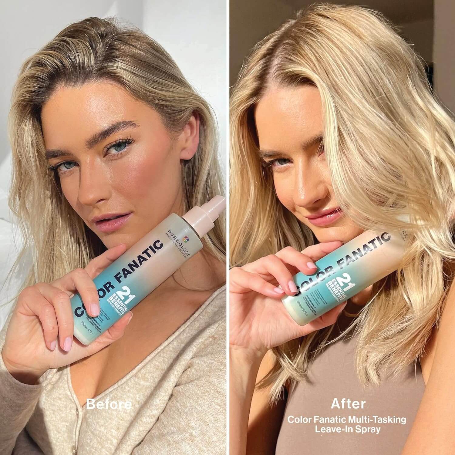 Before and after results using Pureology Colour Fanatic Leave-in Treatment Spray for colour-treated hair.