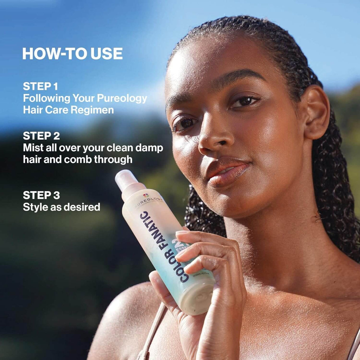 Model using Pureology Colour Fanatic Leave-in Spray with application steps: spray on damp hair, comb through, style as desired.
