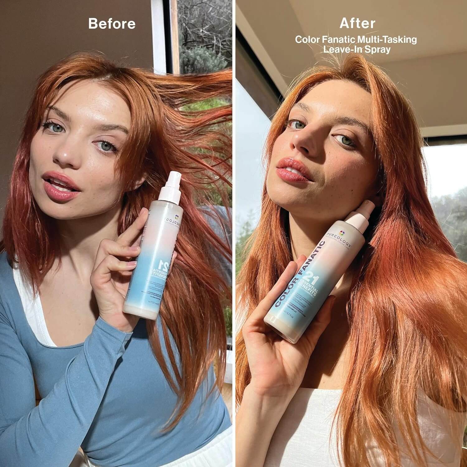 Before and after using Pureology Colour Fanatic Leave-in Treatment Spray on red hair, showing enhanced color and shine.