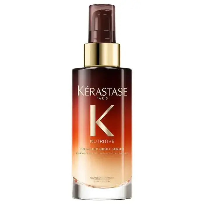 Kérastase 8H Magic Night Serum bottle for dry hair treatment, featuring nourishing polymers for non-greasy, lightweight care.