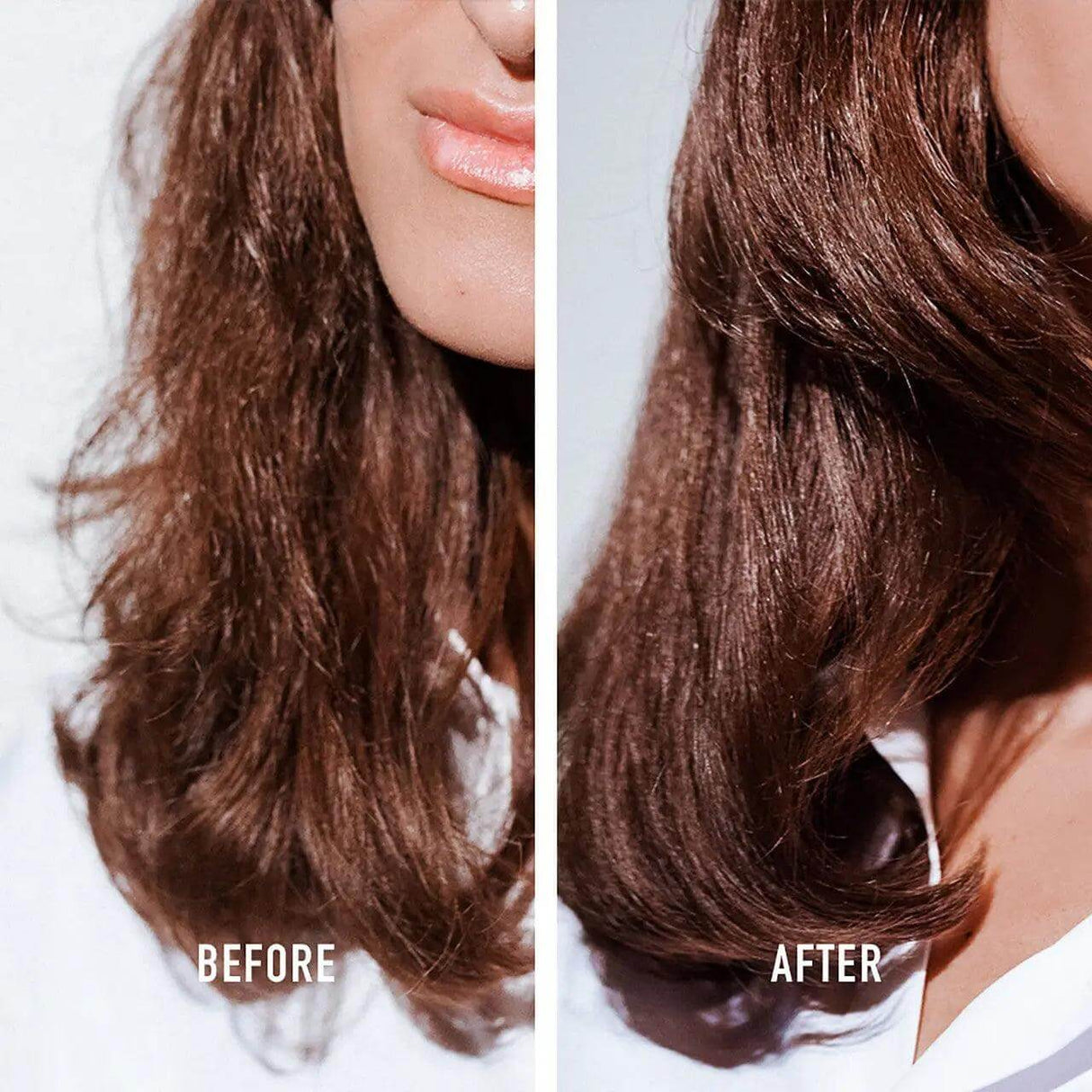 Before and after results of using Kérastase's 8H Magic Night Serum on dry hair, showing improved texture and shine.