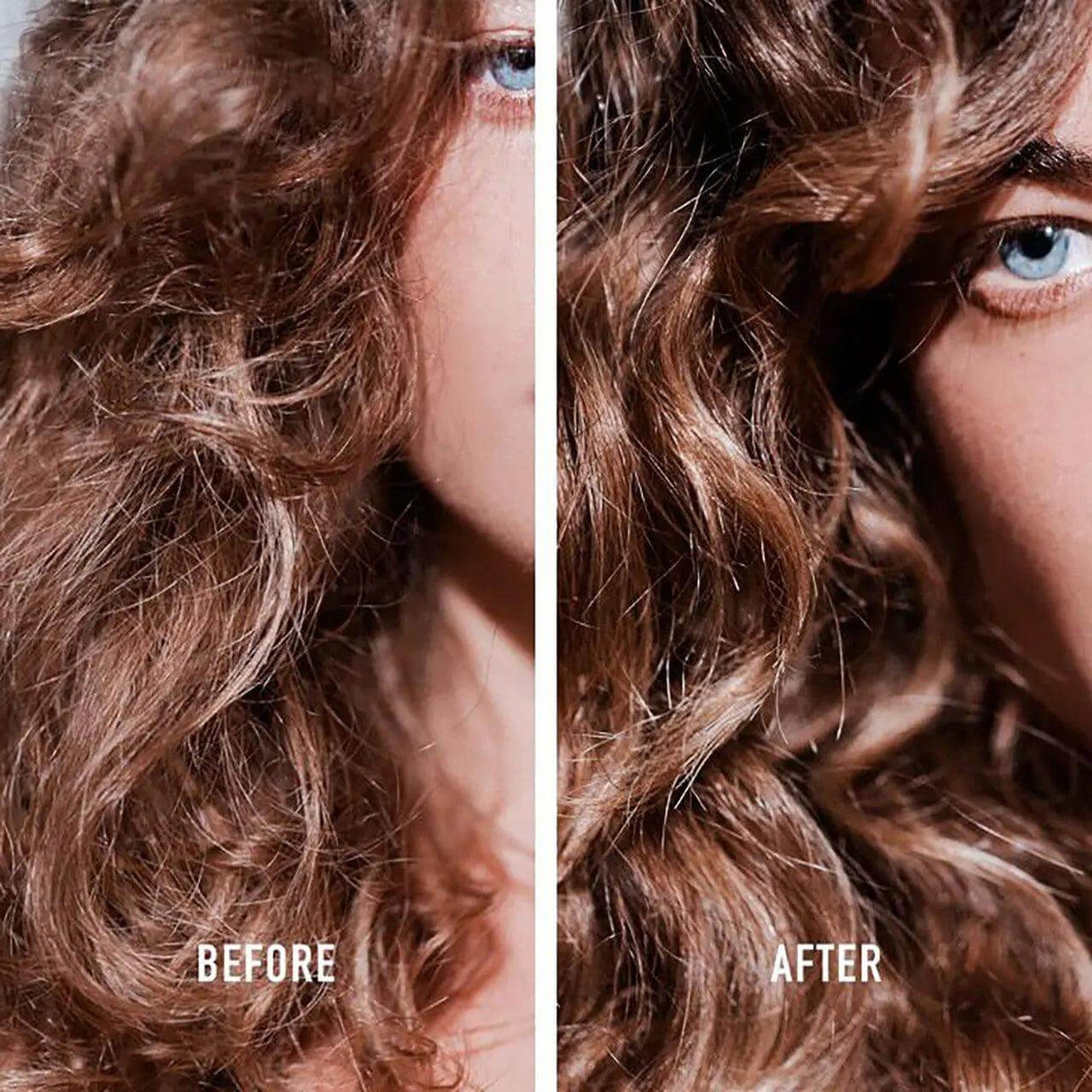 Before and after image showcasing improved hair texture using Kérastase 8H Magic Night Serum, highlighting nourishing benefits for dry hair.