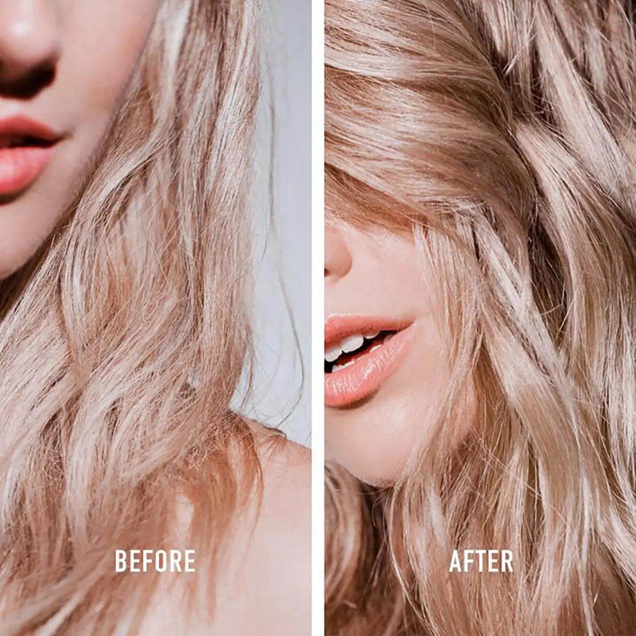 Before and after of hair using 8H Magic Night Serum, showing improved shine and smoothness in the after image.