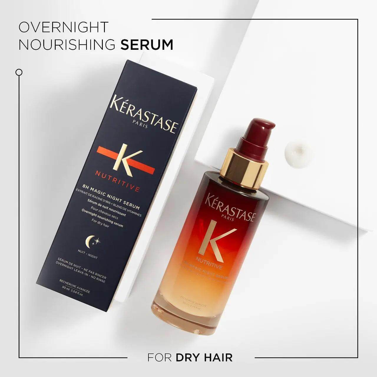 Kérastase 8H Magic Night Serum, nourishing overnight treatment for dry hair, 100ml bottle and packaging on white background.