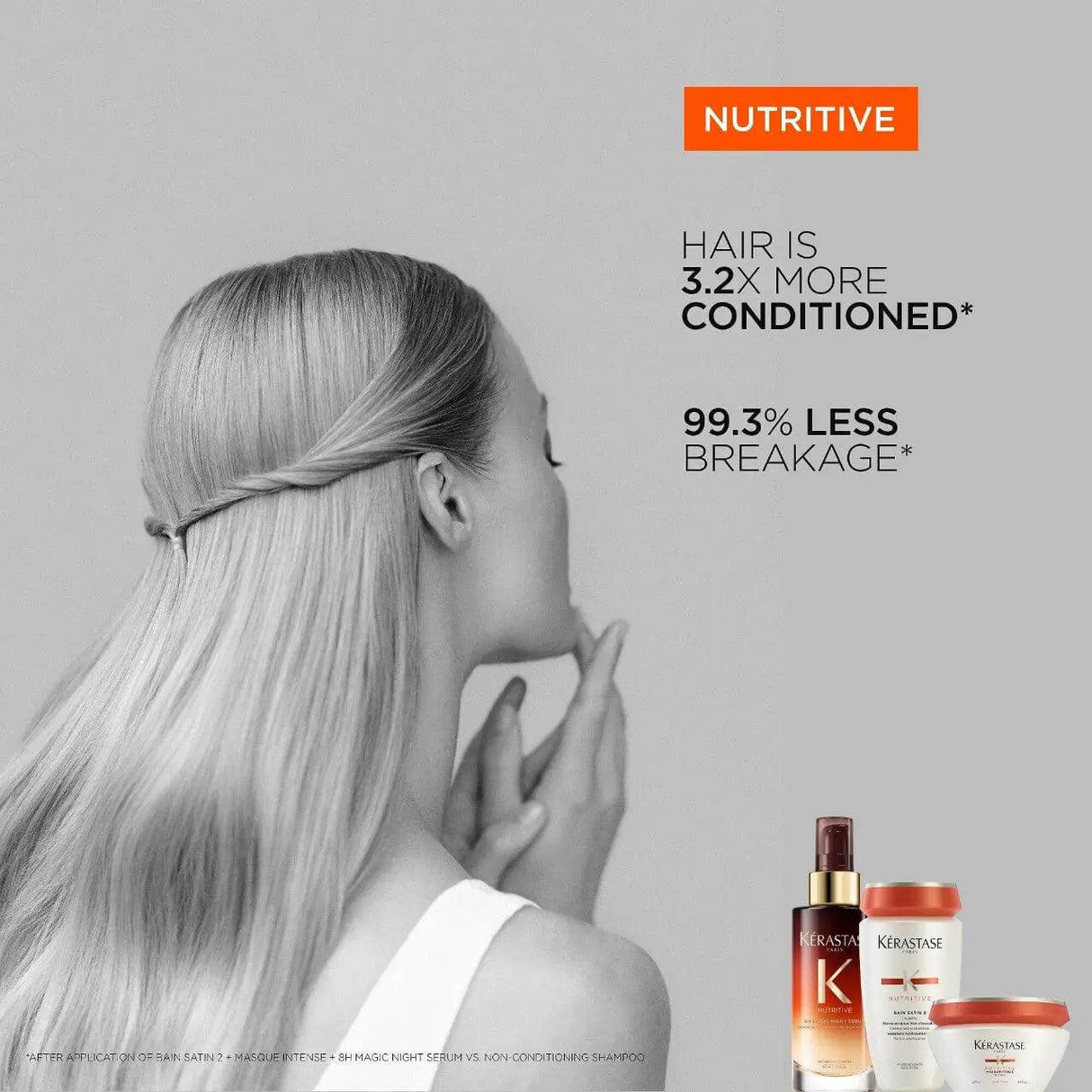 Woman with smooth hair using Kérastase Nutritive products shown in bottles, promoting 3.2x more conditioned hair and 99.3% less breakage.