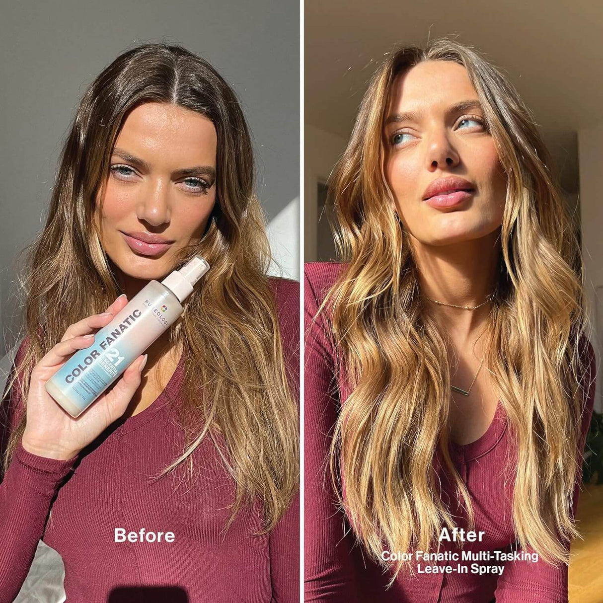 Before and after using Pureology Colour Fanatic Leave-in Treatment Spray, showcasing enhanced, vibrant color-treated hair.