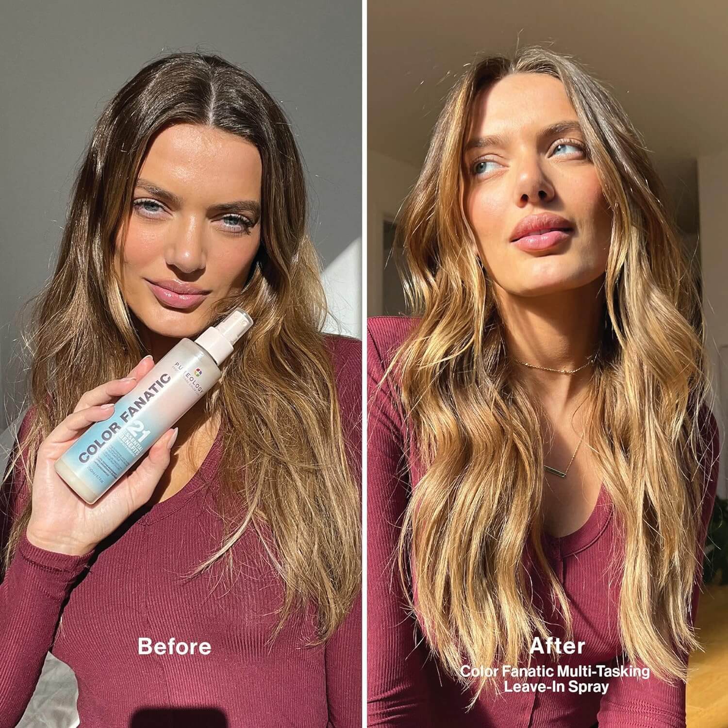 Before and after using Pureology Colour Fanatic Leave-in Treatment Spray, showcasing enhanced, vibrant color-treated hair.