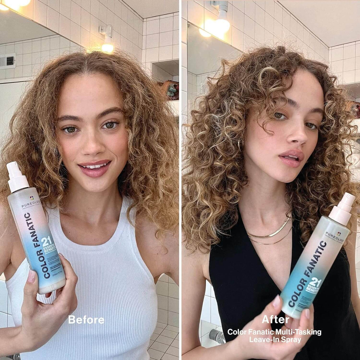 Before and after of using Pureology Colour Fanatic Leave-in Treatment Spray for vibrant, curly hair transformation.