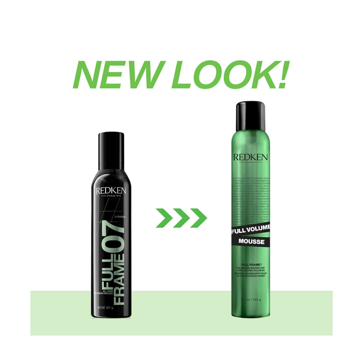 Redken Full Frame 07 volumizing mousse next to new Full Volume Mousse packaging, highlighting new look for fine hair.