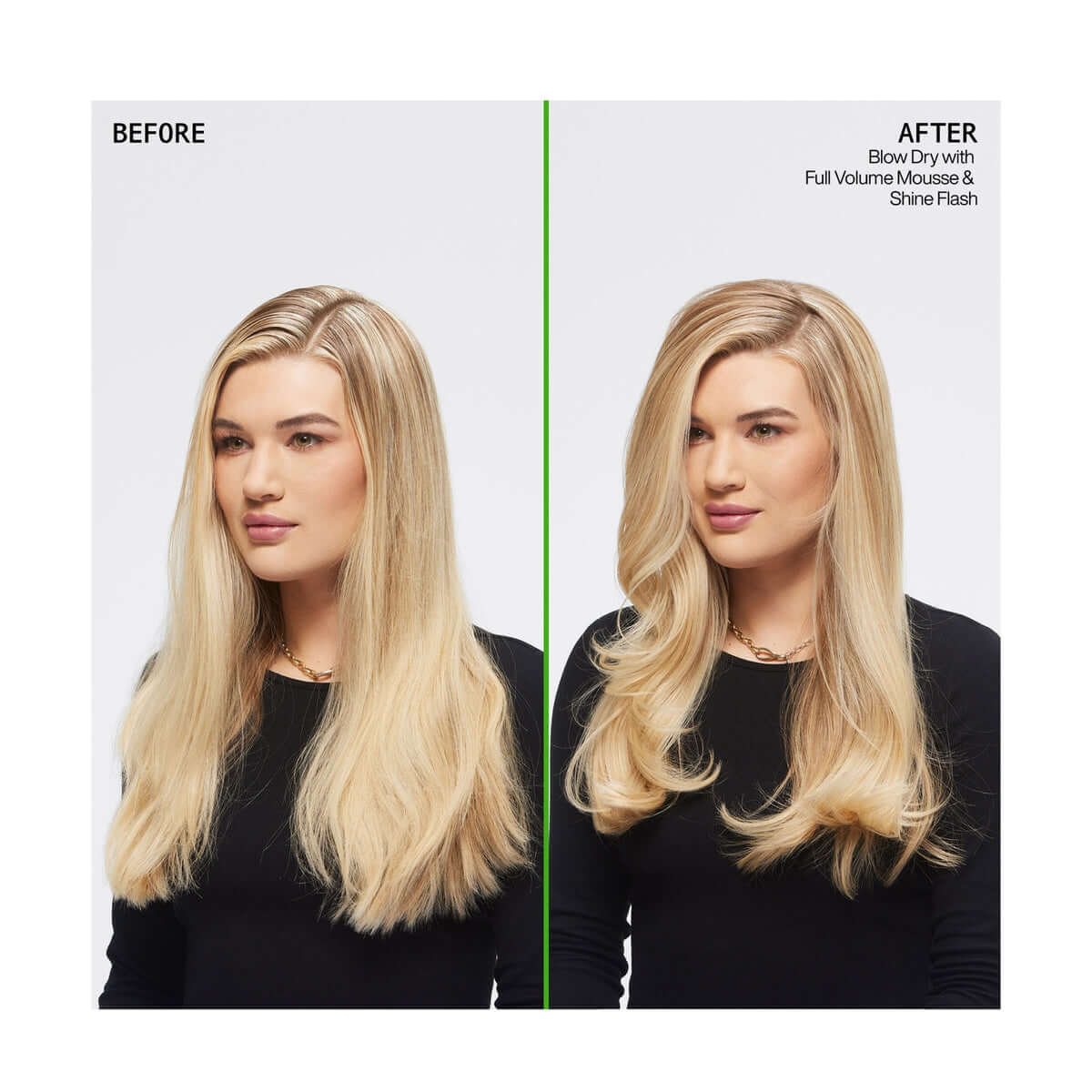 Before and after using Redken Full Volume Mousse, showcasing enhanced volume and shine on blonde hair.