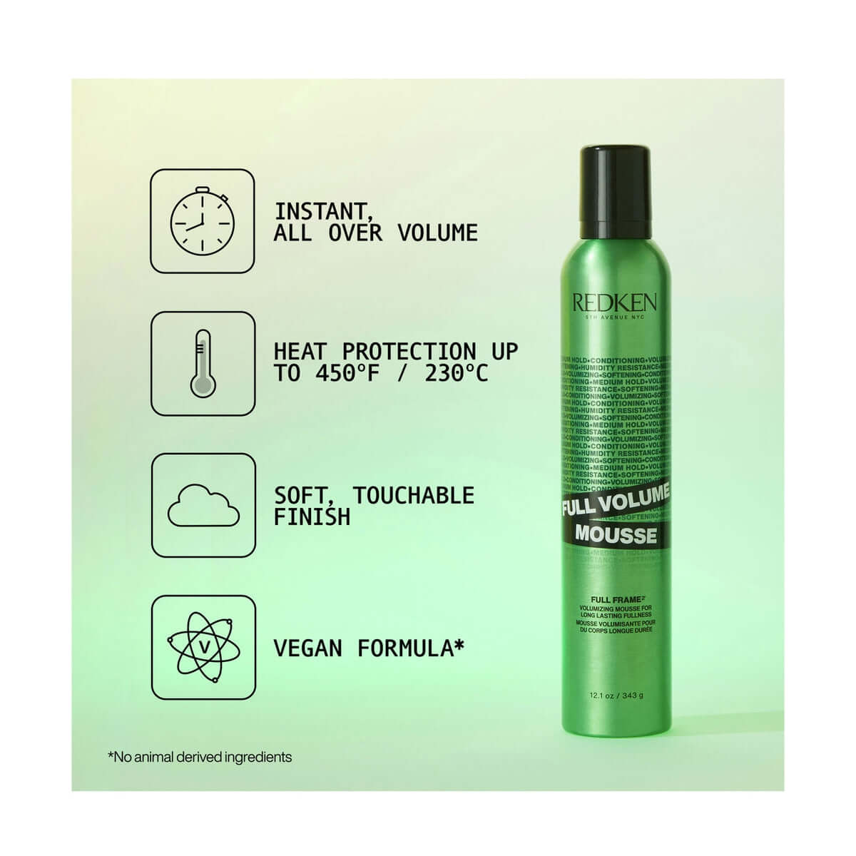 Redken Full Volume Mousse bottle with volume, heat protection, soft finish, and vegan formula benefits highlighted.