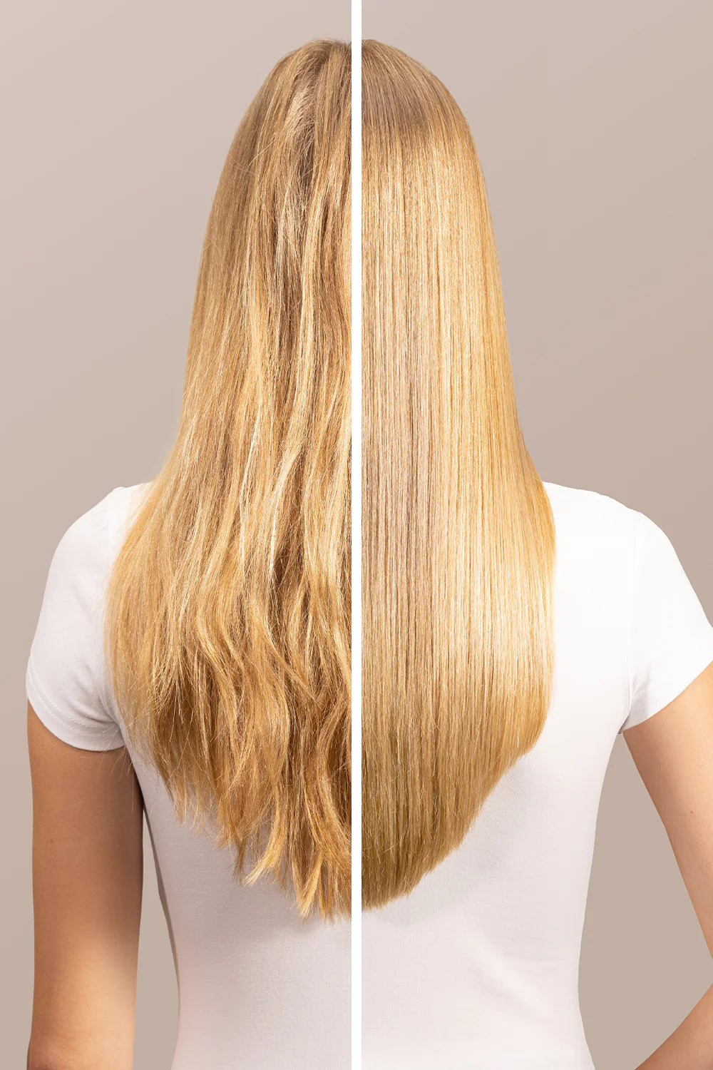 Before and after using Instant Bonding Glow serum on blonde hair, showing increased shine and smoothness.