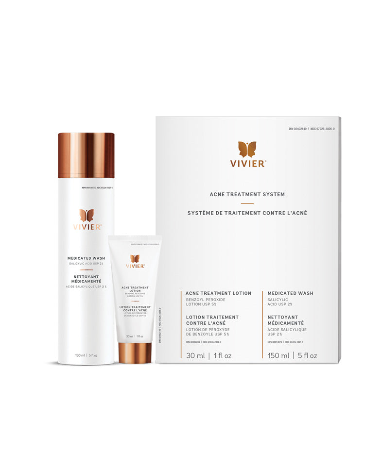 Vivier Acne Treatment System with Medicated Wash and Acne Treatment Lotion for clearer skin.
