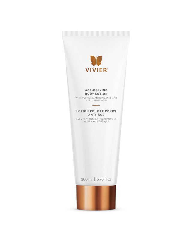 Vivier Age-Defying Body Lotion with peptides, antioxidants for firming and hydration in white 200ml tube with gold cap.