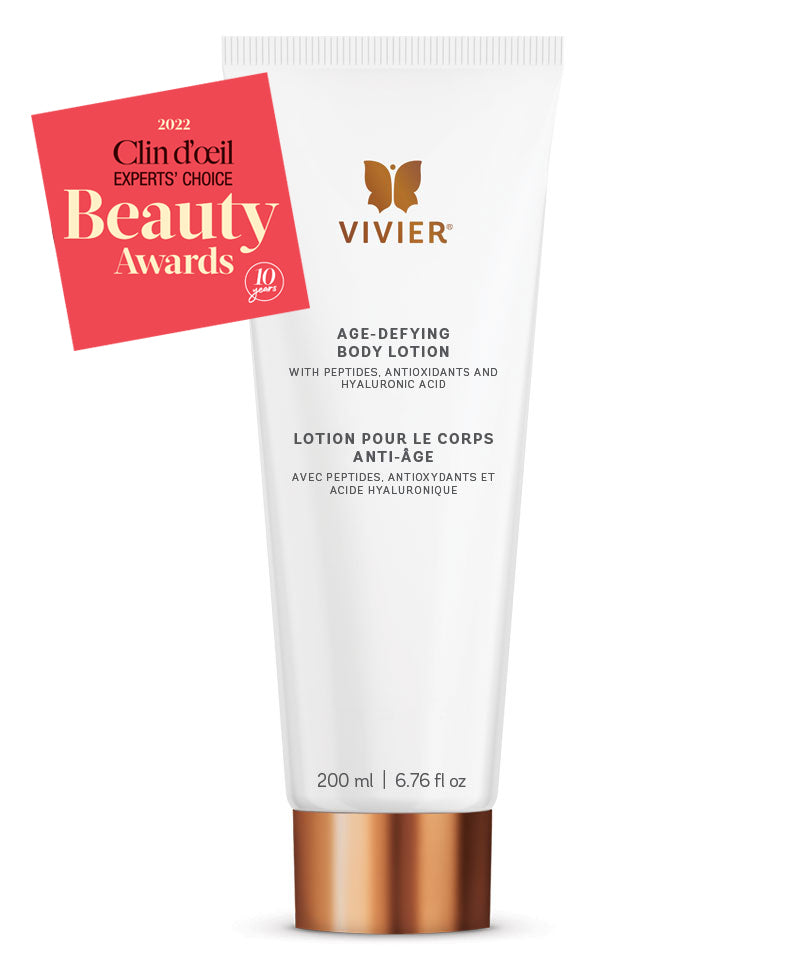 Vivier Age-Defying Body Lotion with peptides, antioxidants, and award label, suitable for all skin types, 200 ml tube.
