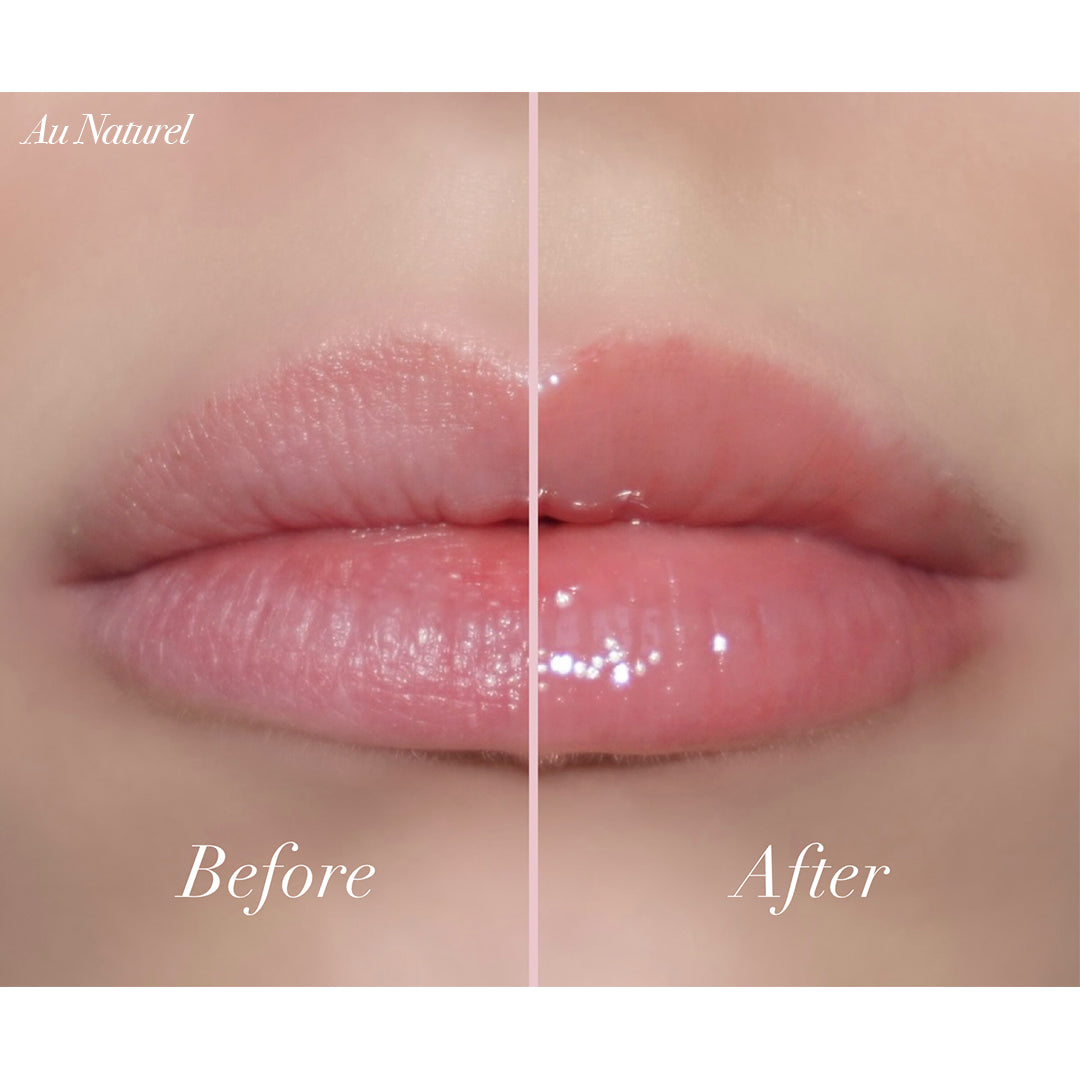 Before and after results using Jello Gloss Balm showing glossy, hydrated lips with a pink lemonade scent.
