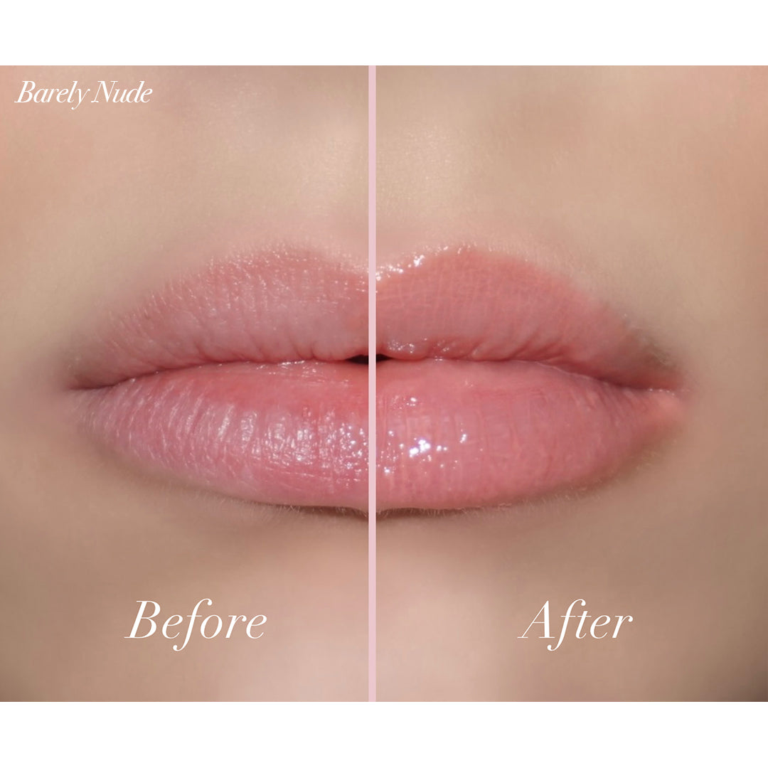 Before and after application of Jello Gloss Balm in Barely Nude shade, showcasing glossy and hydrated lips.