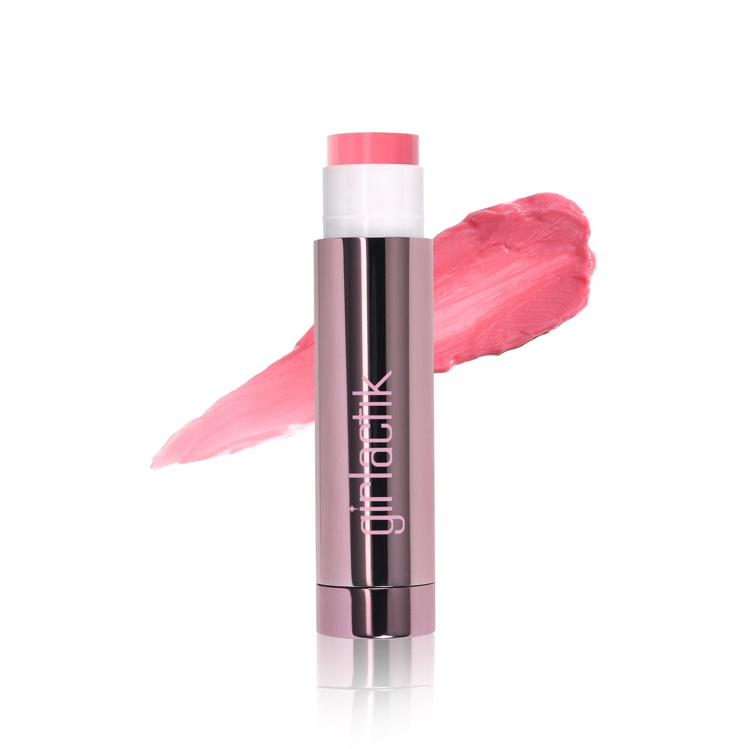 Girlactik Jello Gloss Balm in pink with a smooth, glossy finish next to a vibrant pink swatch.