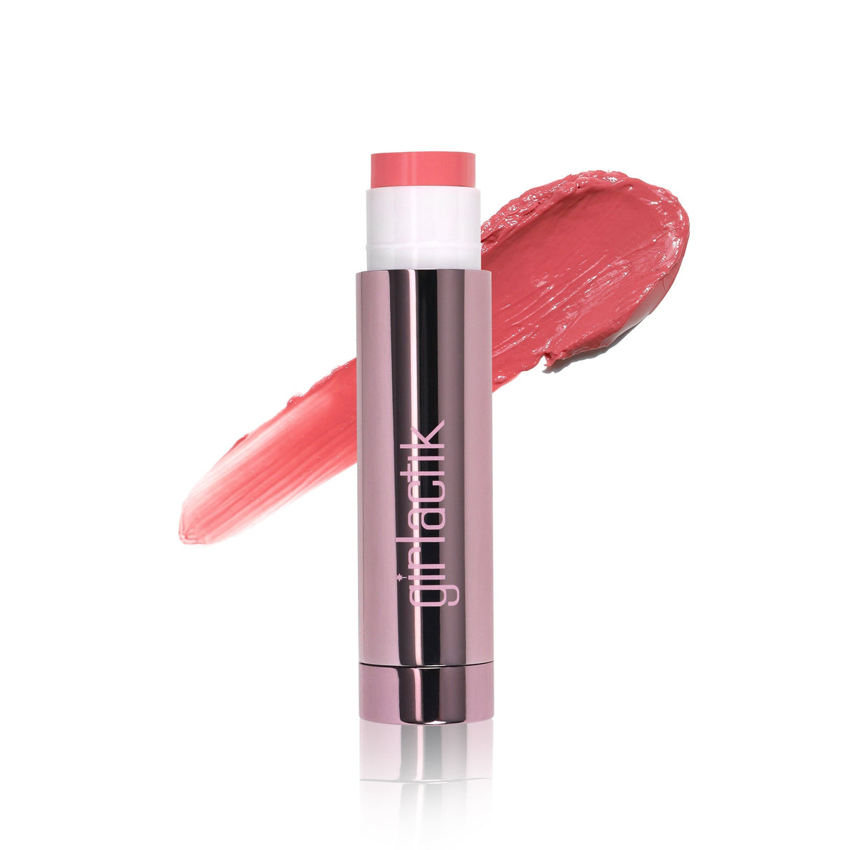 Girlactik Jello Gloss Balm in pink with a glossy finish displayed alongside a swipe of the balm. Contains Vitamin E and Aloe Vera.