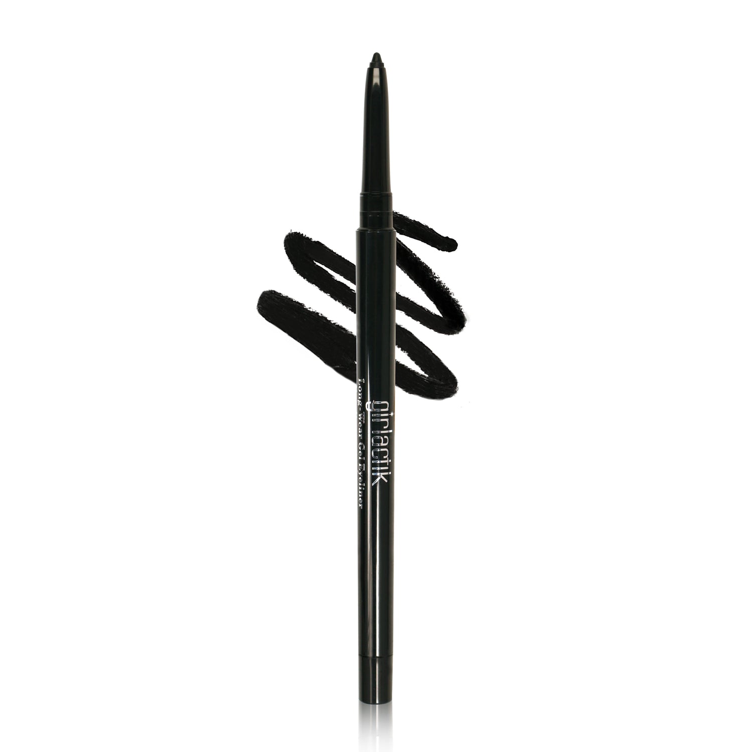Long-Wear Gel Eyeliner in matte black with a creamy, waterproof formula. Includes built-in sharpener for precise eye lining.