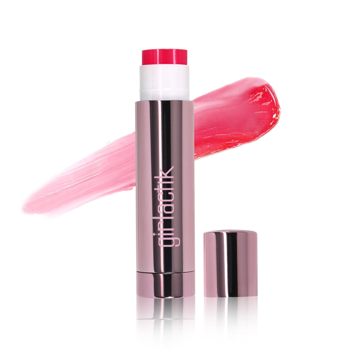 Girlactik Jello Gloss Balm with glossy pink swipe, enriched with Vitamin E, Avocado Oil, Aloe Vera, and Apricot Kernel Oil.