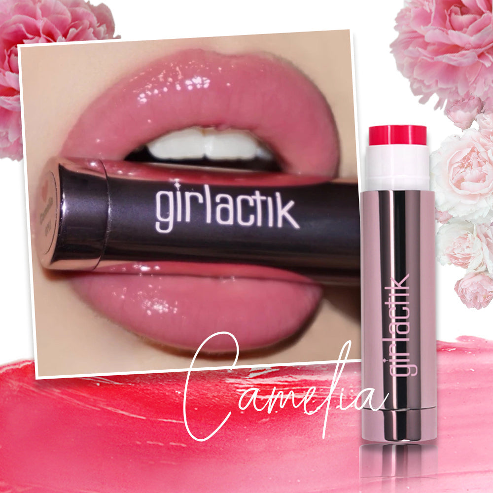 Girlactik Jello Gloss Balm in Camelia shade, nourishing non-sticky pink lip balm with Vitamin E and a pink lemonade scent.