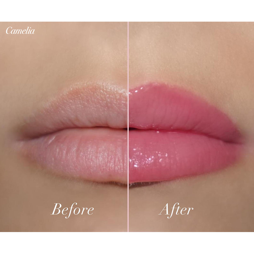 Before and after comparison of lips using Girlactik Jello Gloss Balm showing enhanced shine and pink hue.
