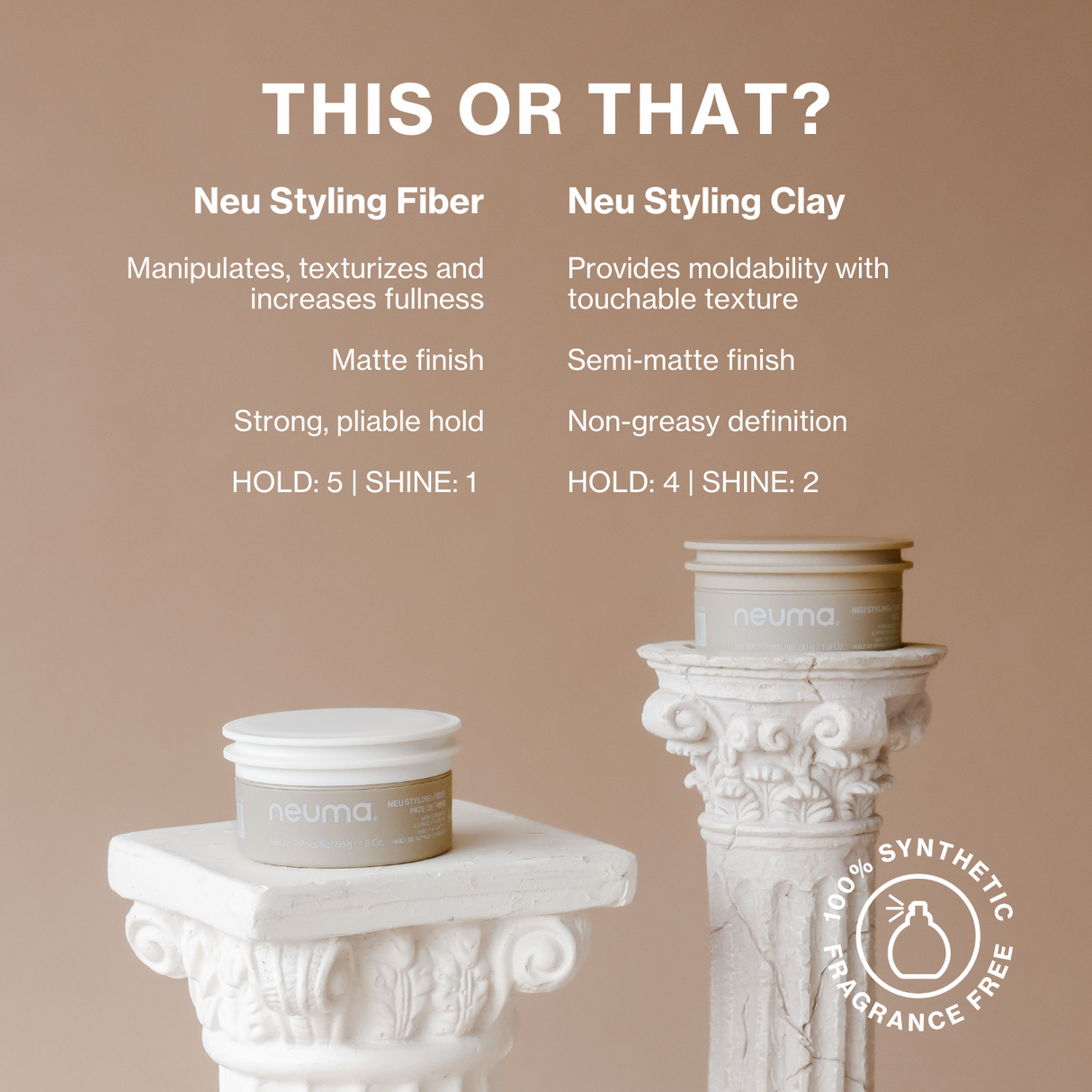 Compare Neu Styling Fiber and Neu Styling Clay for strong hold and texture. Semi-matte, non-greasy finish with fragrance-free formula.