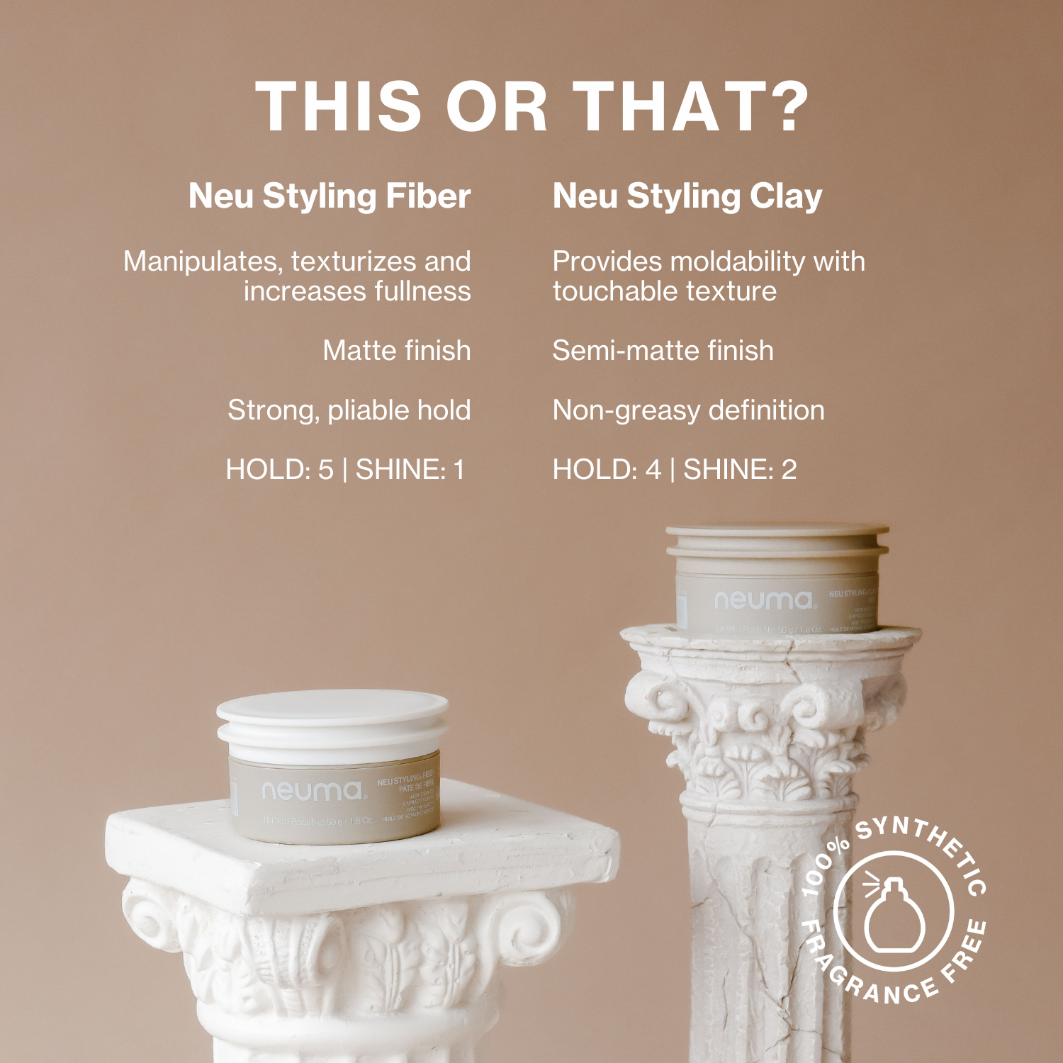 Compare Neu Styling Fiber and Neu Styling Clay for strong hold and texture. Semi-matte, non-greasy finish with fragrance-free formula.