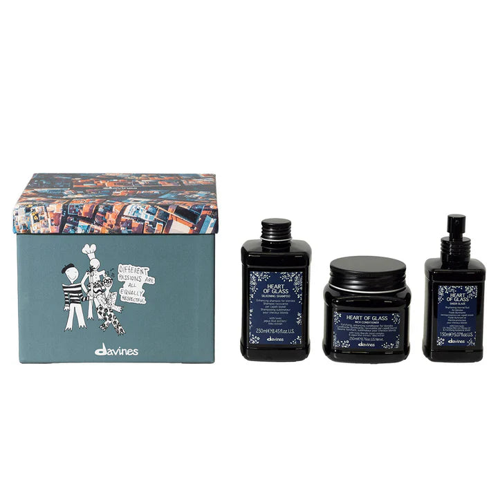 Davines Heart of Glass Gift Set with Silkening Shampoo, Rich Conditioner, and Sheer Glaze for enhancing blonde hair.