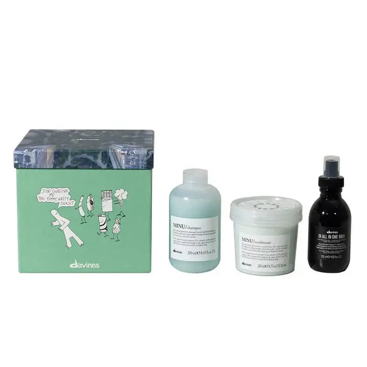 Davines Minu Oi Gift Set with Minu Shampoo, Conditioner, and OI Milk for vibrant colored hair care